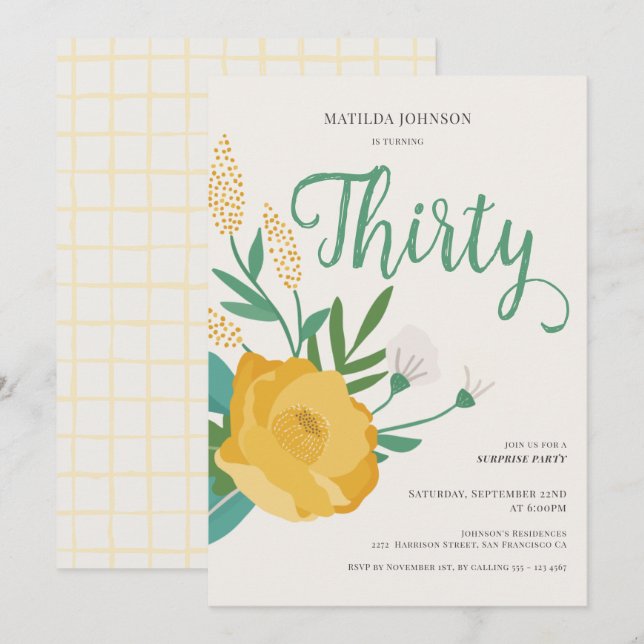 Modern Floral Surprise 30th Birthday Party Invitation (Front/Back)