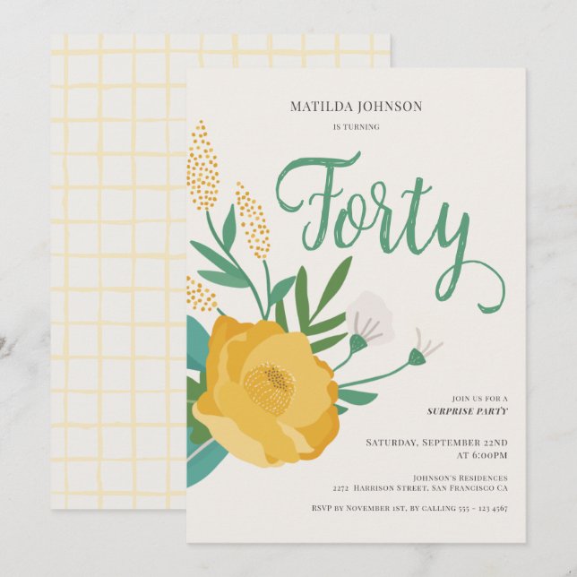 Modern Floral Surprise 40th Birthday Party Invitation (Front/Back)