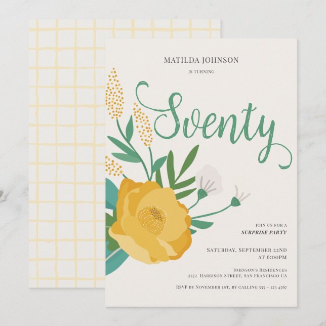 Modern Floral Surprise 70th Birthday Party Invitation (Front/Back)