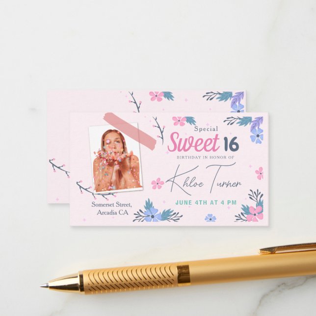 Modern Floral Sweet 16 pink Birthday Enclosure Card (Front/Back In Situ)