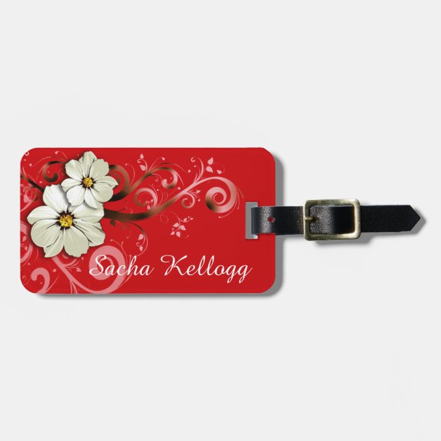Modern Floral Swirling Curlicues | red Luggage Tag (Front Horizontal)