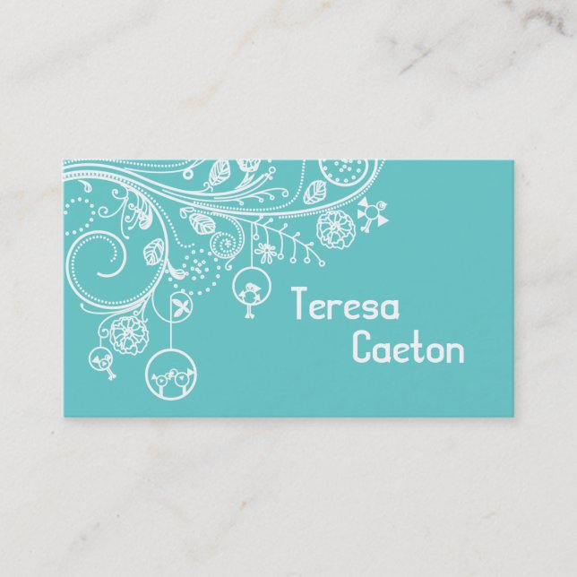 Modern floral swirls & birds aqua business card (Front)