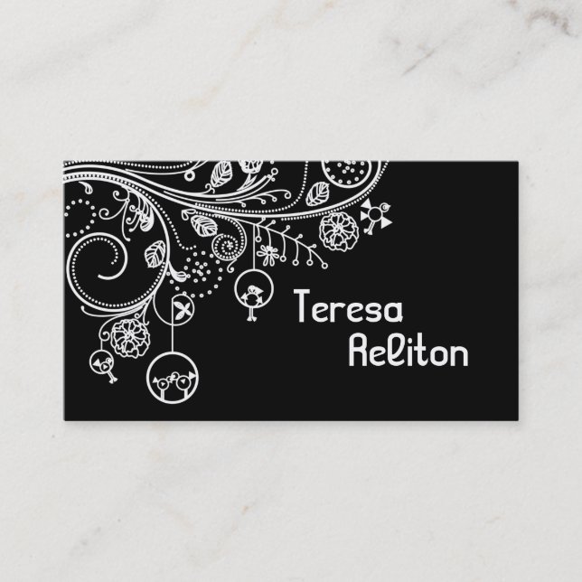 Modern floral swirls & birds black, white business card (Front)