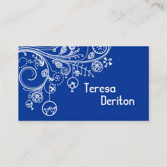 Modern floral swirls & birds blue business card (Front)