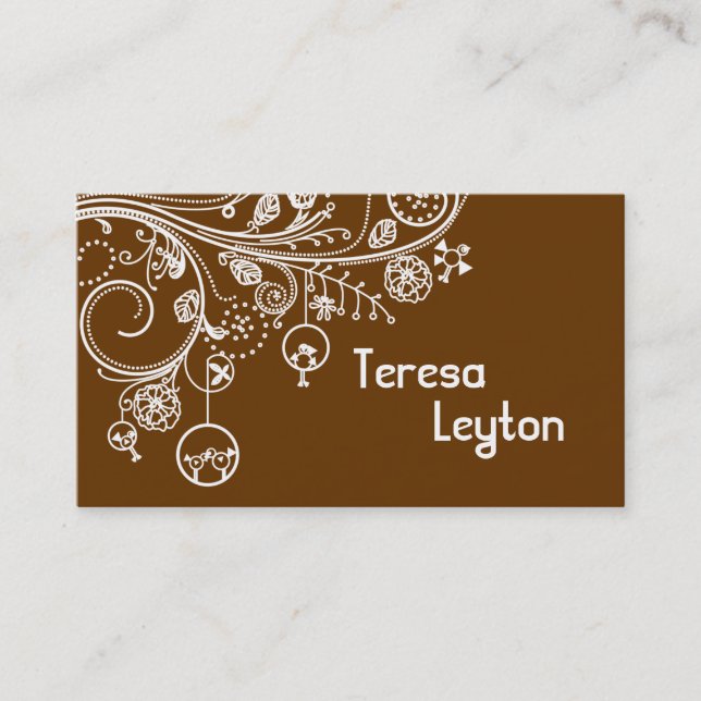 Modern floral swirls & birds brown business card (Front)