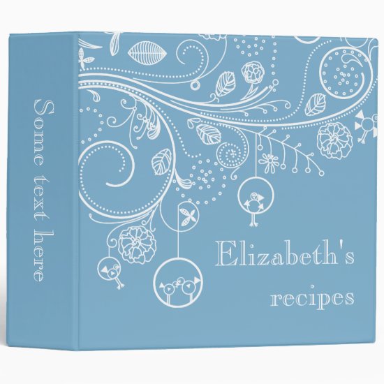 Modern floral swirls & birds dusk blue recipe 3 ring binder