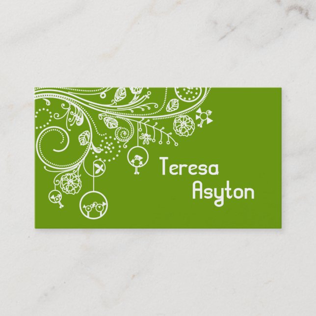 Modern floral swirls & birds green business card (Front)