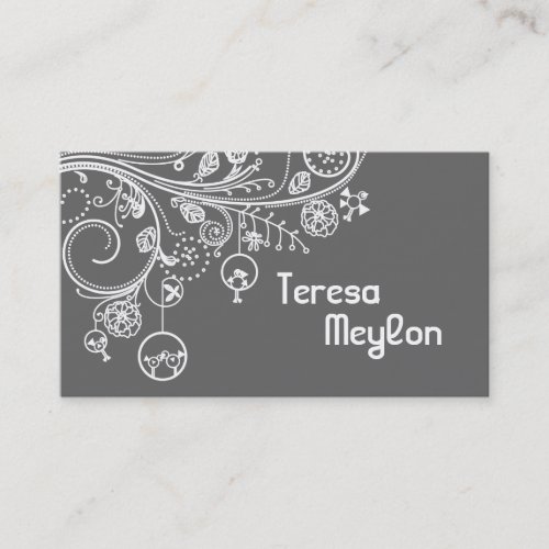 Modern floral swirls  birds grey business card