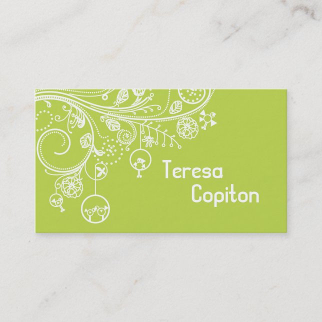 Modern floral swirls & birds light green business card (Front)