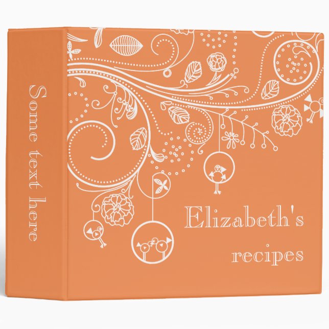 Modern floral swirls & birds orange recipe binder (Front/Spine)