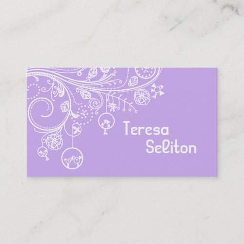 Modern floral swirls  birds purple business card