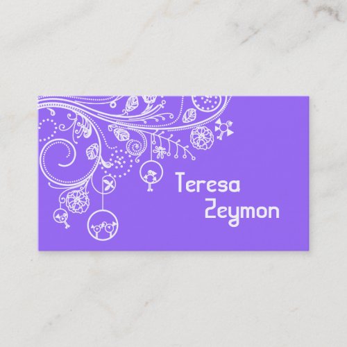 Modern floral swirls  birds purple business card