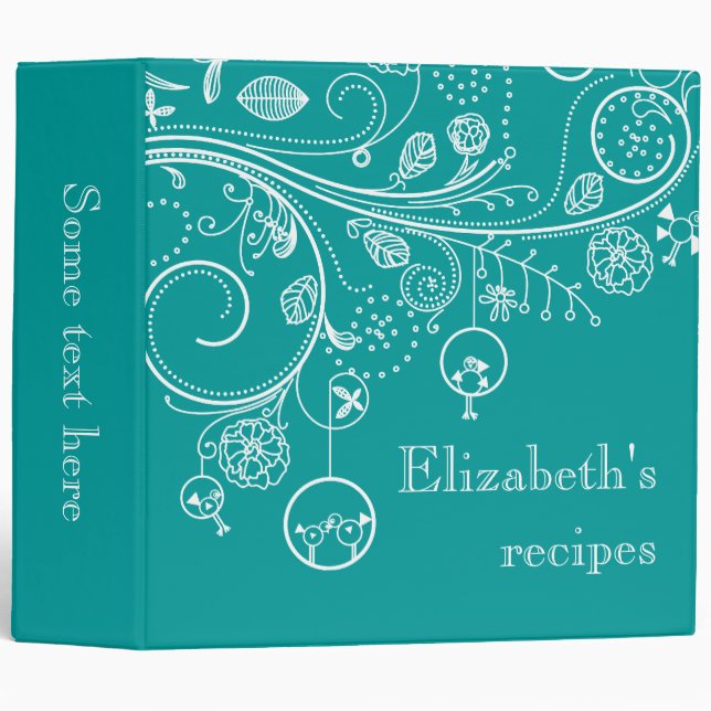 Modern floral swirls & birds teal recipe binder (Front/Spine)