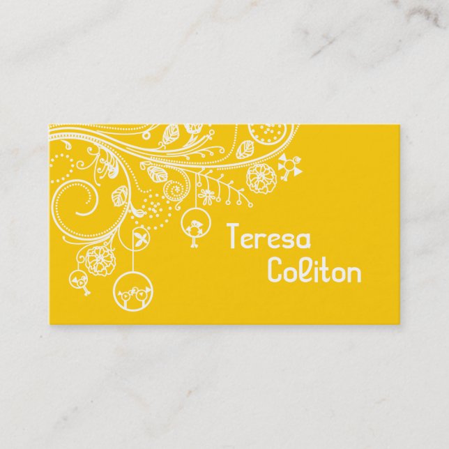 Modern floral swirls & birds yellow business card (Front)