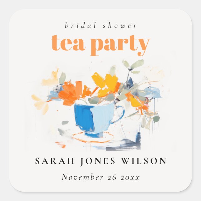 Modern Floral Tea Cup Bridal Shower Tea Party  Square Sticker (Front)
