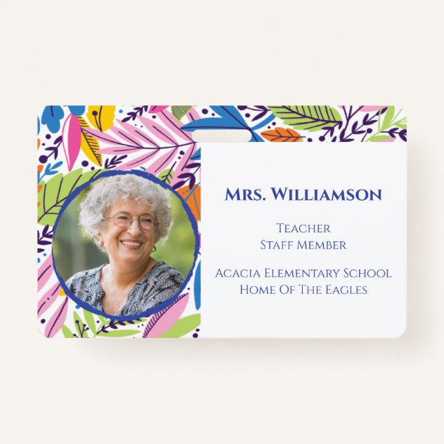 Modern Floral Teacher Educator Staff Photo ID Badge (Front)
