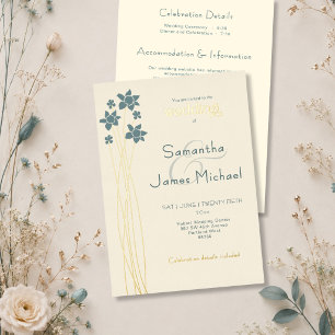 Modern Floral Teal Cream Wedding with Gold Foil Invitation