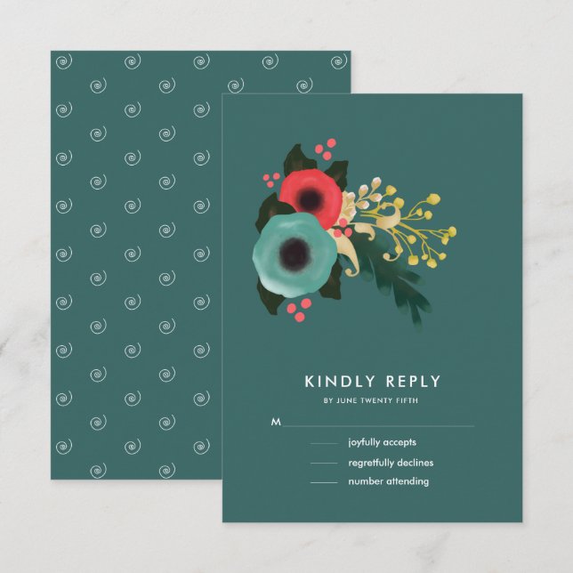 Modern Floral Teal | Pink Wedding RSVP Cards (Front/Back)