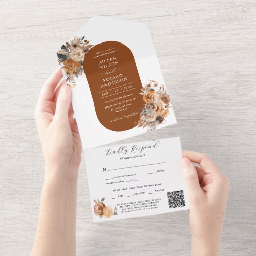 Modern Floral Terracotta Watercolor Autumn Wedding All In One Invitation
