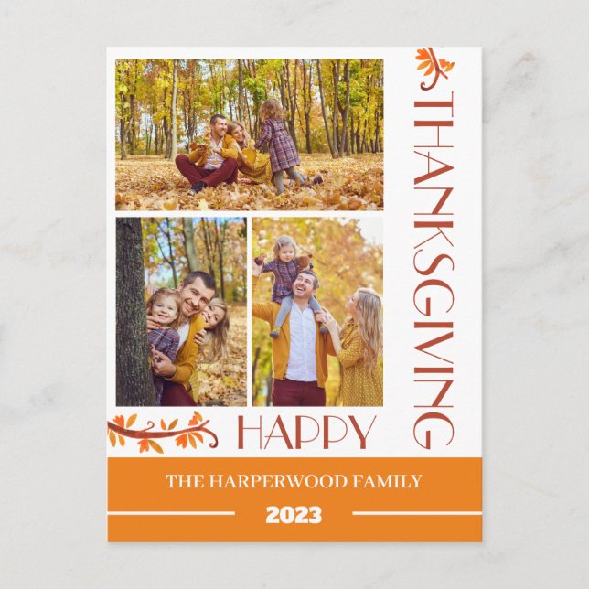 Modern Floral Thanksgiving Family photo Collage Holiday Postcard (Front)