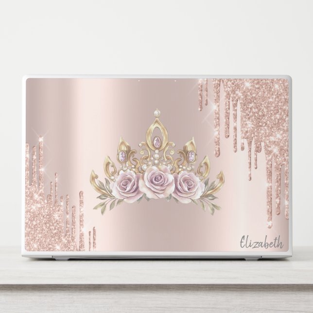 Modern Floral Tiara Glitter Drips Rose Gold  HP Laptop Skin (Front)
