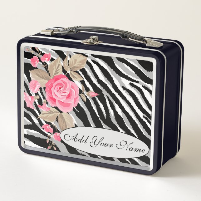 Modern Floral Tiger Add Your Text Metal Lunch Box (Front)