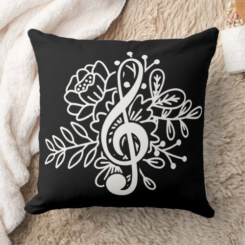 Modern Floral Treble Clef Black Music Lovers Throw Pillow