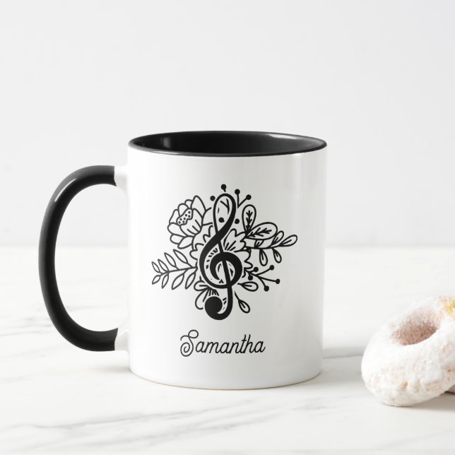 Modern Floral Treble Clef Black White Music Lovers Mug (With Donut)
