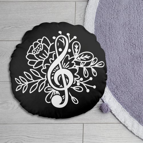 Modern Floral Treble Clef Black White Music Lovers Round Pillow