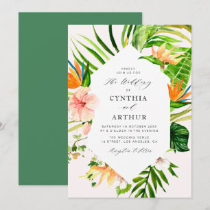 modern floral tropical palm leaves floral wedding invitation