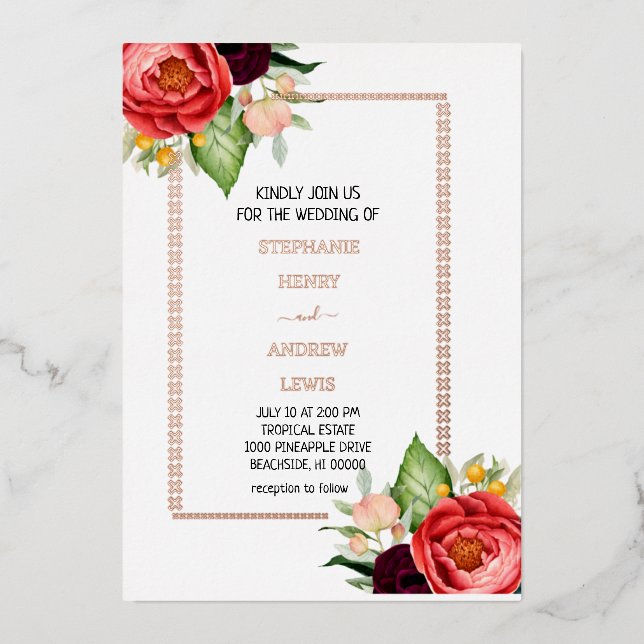 Modern Floral Tropical Wedding  Foil Invitation (Front)
