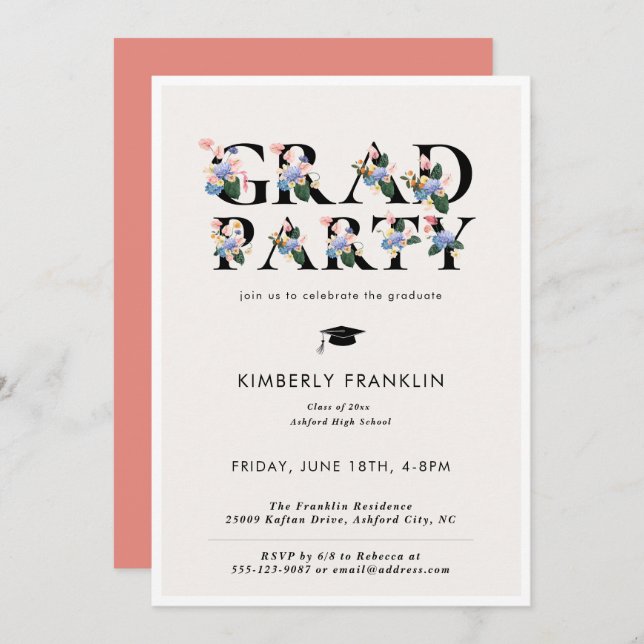 Modern Floral Typography GRAD PARTY Invitation (Front/Back)