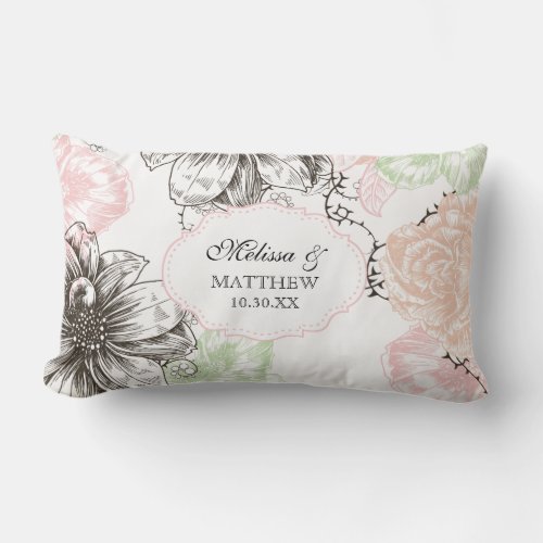 Modern Floral Vintage Graphic Flowers Pink Black Lumbar Pillow