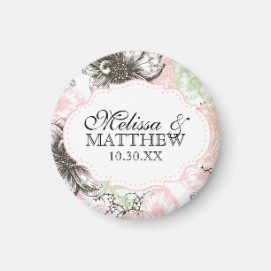 Modern Floral Vintage Graphic Flowers Pink Black Magnet