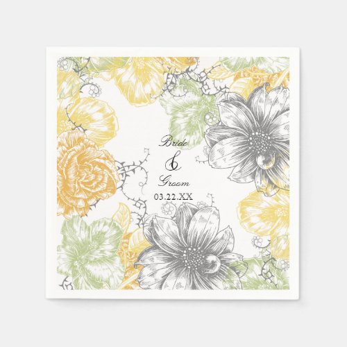 Modern Floral Vintage Graphic Flowers Yellow Grey Paper Napkins