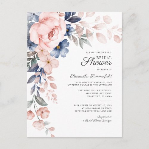 Modern Floral Watercoler Script Pink Bridal Shower Invitation Postcard