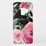 Modern Floral Watercolor Black and Pink Peonies Case-Mate Samsung Galaxy S9 Case<br><div class="desc">"Modern Floral Watercolor Black and Pink Peonies."  Elegantly watercolor painted floral wreath design,  has single burgundy peonies,  hops and english roses in blush pink and magenta.  You can change background color (here shown in cassis purple).  Art Copyright Audrey Jeanne Roberts,  all rights reserved.</div>