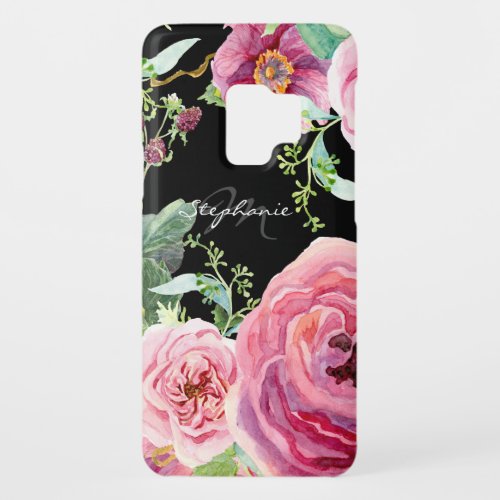 Modern Floral Watercolor Black and Pink Peonies Case_Mate Samsung Galaxy S9 Case