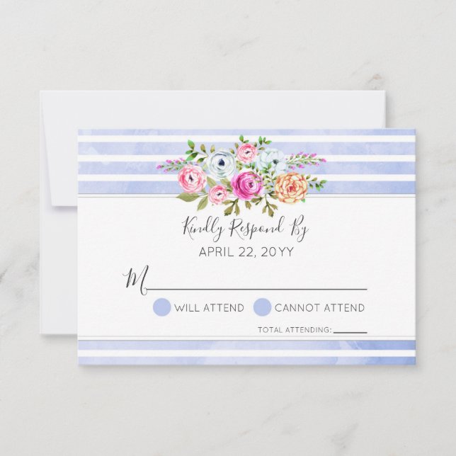 Modern Floral Watercolor Blue Stripe Wedding RSVP (Front)