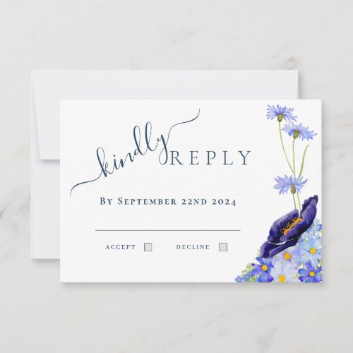 Modern Floral Watercolor Blue Wedding Reply RSVP Card