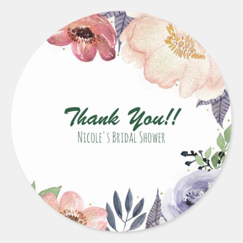 Modern Floral Watercolor Bridal Shower Chic Favor Classic Round Sticker