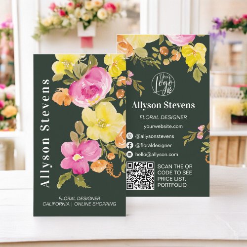 Modern floral watercolor deep green logo qr code business card