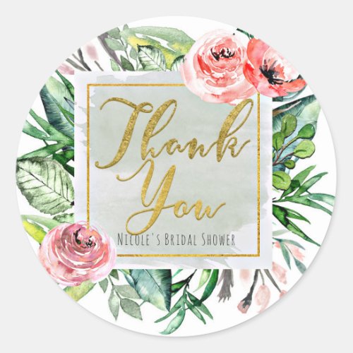 Modern Floral Watercolor Elegant Chic Thank You Classic Round Sticker