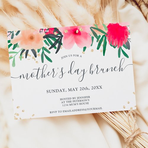 Modern floral watercolor gold Mothers day brunch Invitation