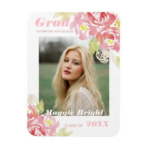 Modern Floral Watercolor Grad Announcement Blush Magnet