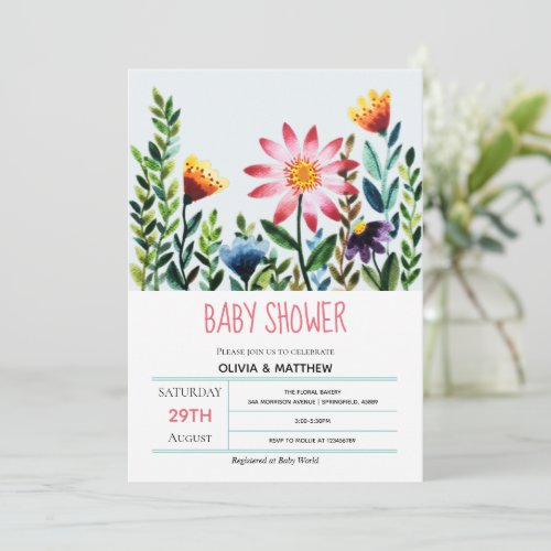 Modern Floral  Watercolor Greenery Baby Shower In Invitation