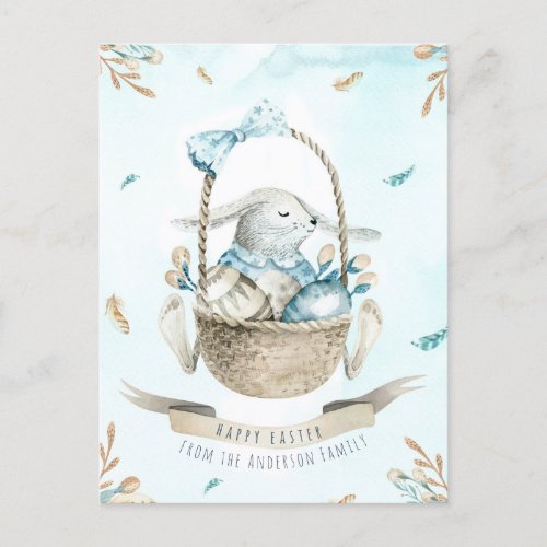Modern Floral Watercolor Happy Easter Bunny Holiday Postcard