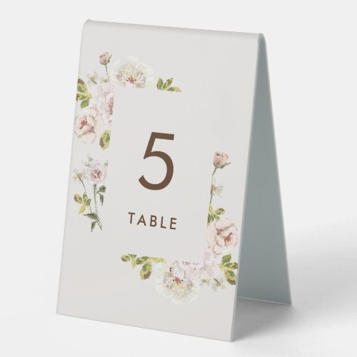 Modern Floral Watercolor Ivory Cream Wedding Table Tent Sign