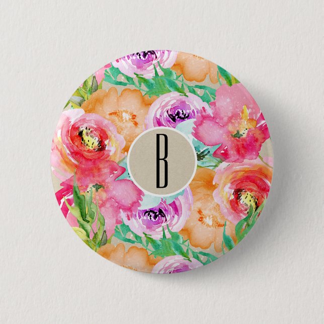 Modern Floral Watercolor Kraft Rustic Personalized Button (Front)