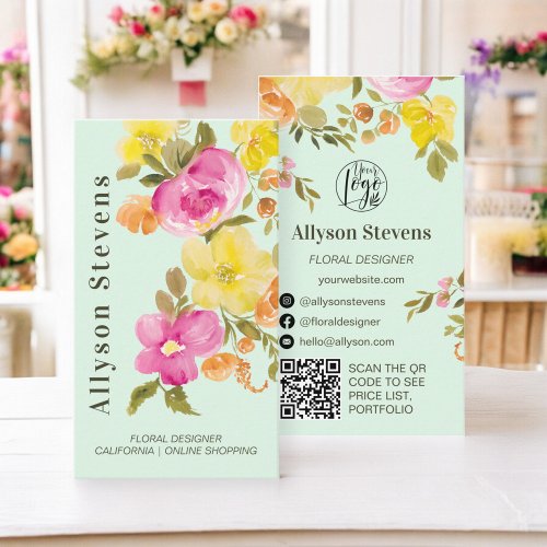 Modern floral watercolor mint green logo qr code business card